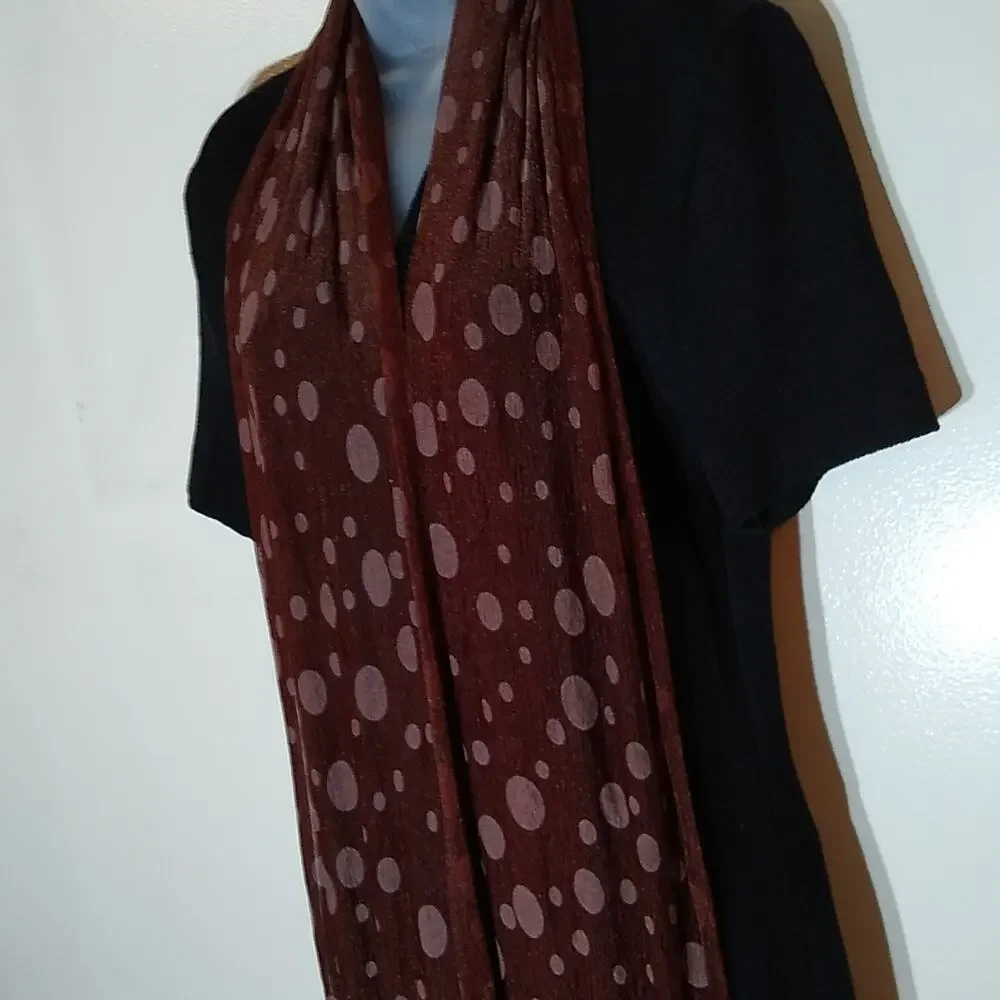 Brown polka dot women's scarf with fringe.